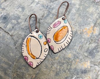 Artisan Made Enamel Earrings: Handcrafted, Sgraffito , Orange, Funky, Contents Jewelry