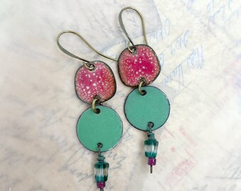 Raspberry Fizz and Willow Green Colorful Earrings in Enamel at Contents Jewelry