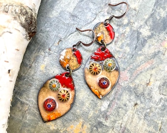 Artisan Earthy Enamel Earrings: Red, Orange, Taupe, Autumn, Contents Jewelry