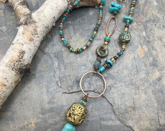 Artisan Handcrafted Necklace: Eclectic, Beaded, Turquoise, Brass, Long, Designed At Contents Jewelry