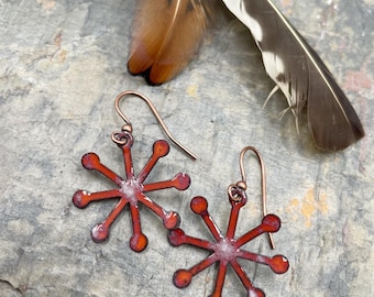 Mid Century Star Earrings: Copper, Enamel, Retro Look, Earthy, Warm Coloring