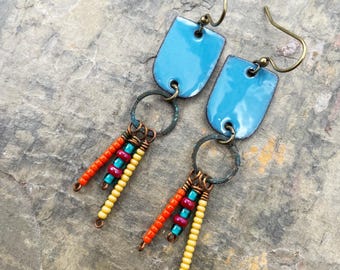 Artisan Earrings at Contents Jewelry: Blue Enamel, Glass Beads, Artsy, Fringe, Boho