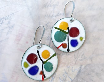 Abstract Painter’s Pallet White and Colorful Enamel Earrings at Contents Jewelry