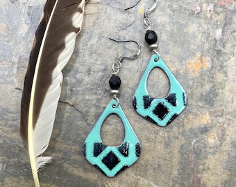 Artisan Enamel Earrings: Blue and Black, Bold, Modern At Contents Jewelry