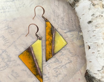 Fun Orange and Yellow Triangle Enamel Earrings at Contents Jewelry