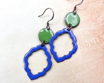 Artsy Enamel Earrings: Blue, Green, Dangle Style, Fun, Feminine, Contents Jewelry