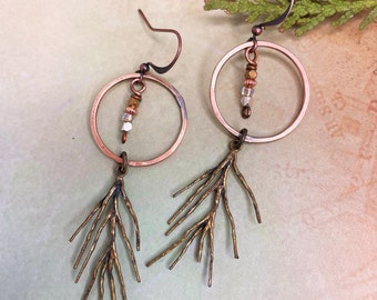 Tamarack Tree Bronze Hoops and Brass Tree Branch Nature Earrings at Contents Jewelry