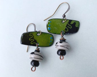 Olive Green and Black Enamel Artisan Earrings at Contents Jewelry