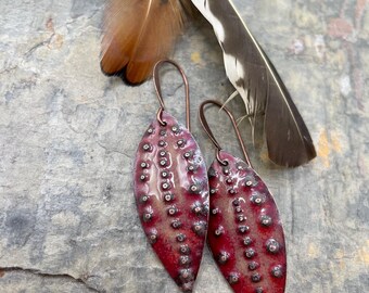 Rustic Artisan Enamel Earrings: Copper, Handcrafted, Earthy Merlot Red