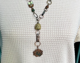 Eclectic Mixed Metal Necklace: Contents Jewelry, Asymmetrical, Long and Unique