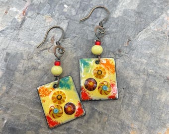 Artisan Enamel Earrings: Colorful, Yellow, Millefiori Glass, Artsy, Handcrafted