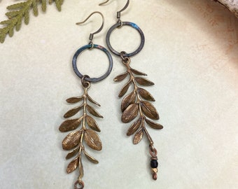 Leafy Branch Nature Earrings at Contents Jewelry Vintage Brass