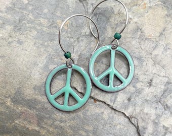 Peace Sign Artisan Enamel Earrings: Turquoise Blue, Fun, Handcrafted
