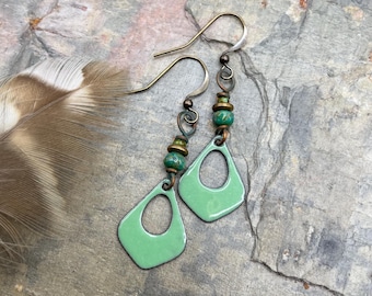 Artisan Enamel Earrings: Contents Jewelry, Green, Dangle, Handcrafted