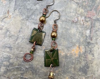 Artisan Handcrafted Enamel Earrings: Green, Asymmetrical, Fun, Quirky Design At Contents Jewelry