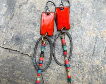 Artisan Enamel Earrings At Contents Jewelry: Red, Gemstones, Rustic Copper, Boho