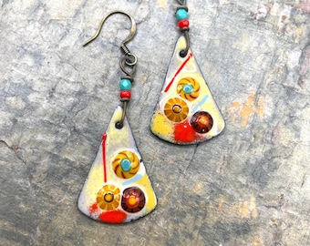 Artisan Enamel Earrings: Triangular, Colorful, Fun, Artsy, Handcrafted, At Contents Jewelry