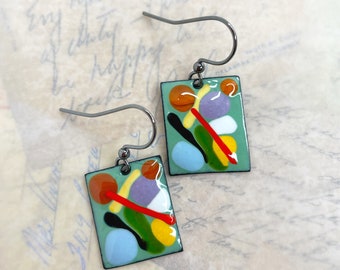 Green and Colorful Abstract Artisan Enamel Earrings at Contents Jewelry