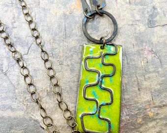 Artisan Enamel Asymmetrical Long Necklace: Contents Jewelry, Chartreuse Green, Rustic Metal