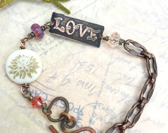 Love Etched Copper Crystal and Glass Artisan Bracelet at Contents Jewelry