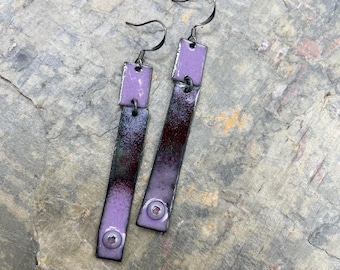Purple and Violet Artisan Enamel Earrings: Long, Fun, Dangle, Contents Jewelry