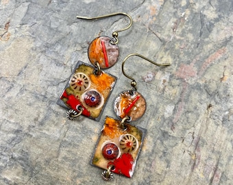 Earthy Colorful Enamel Earrings: Contents Jewelry, Red, Orange, Taupe, Artisan