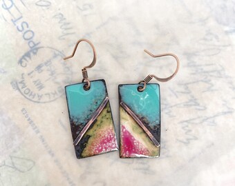 Colorful Artisan Enamel Earrings with Turquoise Pink and Vanilla Cream at Contents Jewelry