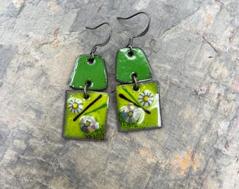 Green Enamel Earrings: Contents Jewelry, Artisan, Dangle, Unique, Handcrafted