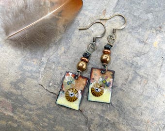 Handcrafted Enamel Earrings: Neutral Copper Mixed Metal Millefiori Artsy Statement