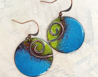 Chartreuse Green and Aqua Blue Artisan Enamel Earrings at Contents Jewelry