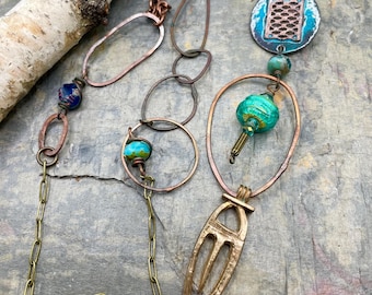 Artisan Long Necklace: Mixed Metal, Enamel, Asymmetrical, Handcrafted, Contents Jewelry