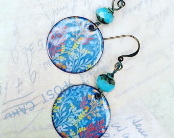 Beautiful Blue Wildflower Garden Artisan Enamel Earrings at Contents Jewelry