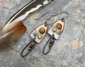 Golden Glow Enamel Artisan Earrings: Neutral Colors, Artsy, Fun, Beautiful