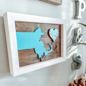 Wooden eastern Massachusetts MA silhouette cut out with customizable heart map. Choose your town, city or beach! Mass signs, cape cod signs
