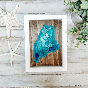 Seaglass State of Maine in rectangular white pine frame
