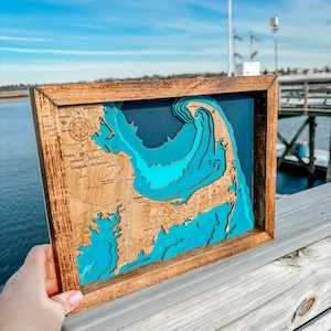 Handcrafted wooden 2D Cape Cod Map, laser engraved and finished in painted blues/teals and dark walnut pine wood