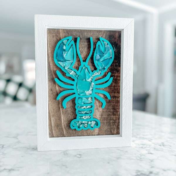 Seaglass Lobster decor or sign, framed with pine