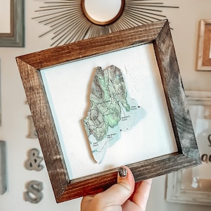Maine state maps! Handcrafted, framed and focusing on your town of choice