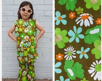 Vintage Kitsch Retro 1960s CUCKOO Deadstock Bold Flower Power Floral Print Mod Cotton Hippie Kids Dress Tunic Flares Set Approx 9-10 Years