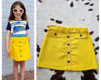 Vintage Retro Kitsch 1960s 60s Deadstock Vibrant Yellow Floral Flower Power Child Button Girls Mini Mod Skirt Cotton Poly Approx 1-2 Years