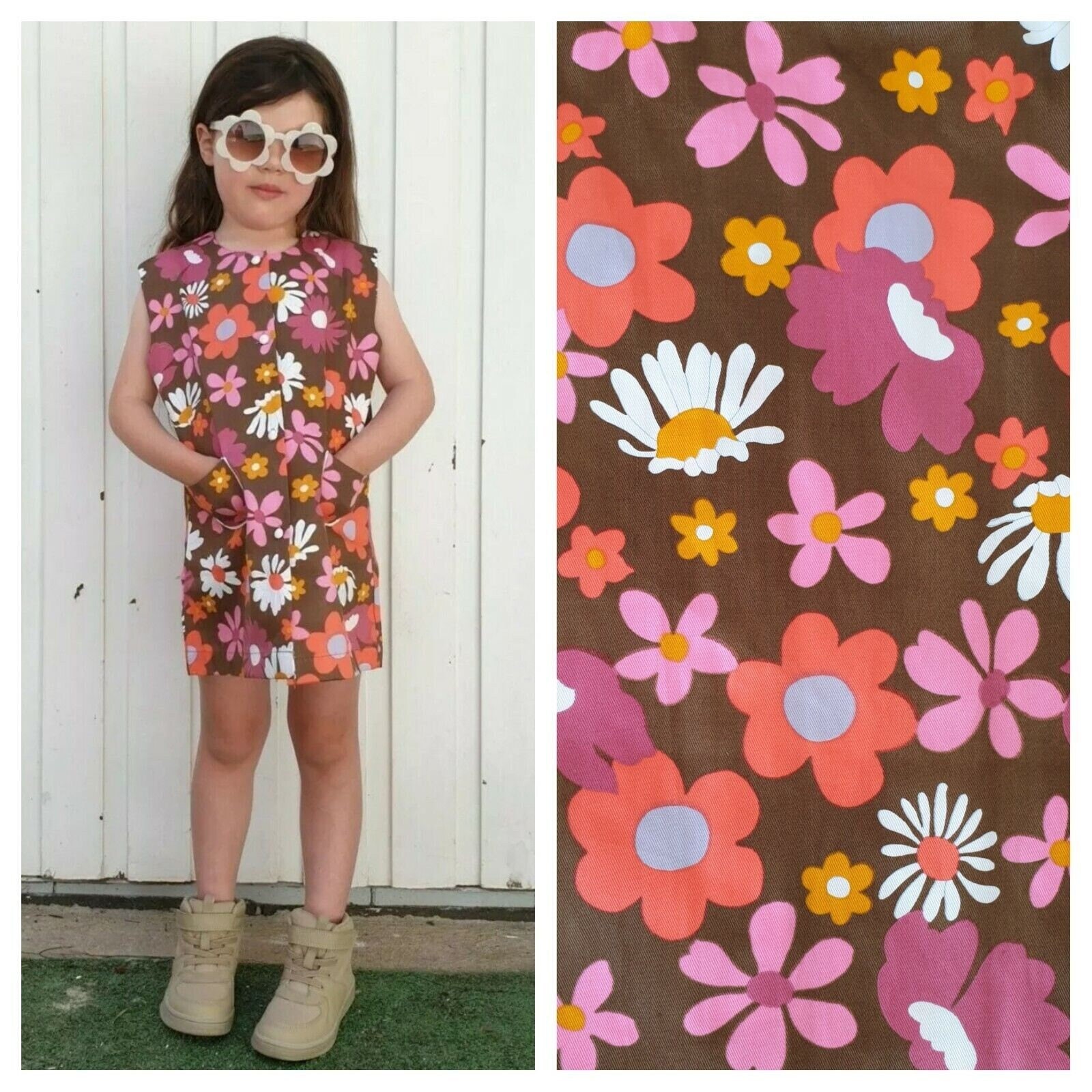 Vintage Aprons, Retro Aprons, Old Fashioned Aprons & Patterns Vintage Kitsch Retro 1960S Cuckoo Deadstock Bold Flower Power Floral Print Mod Cotton Hippie Pink Apron Tunic Mini Dress Approx 5-6 Years $40.81 AT vintagedancer.com