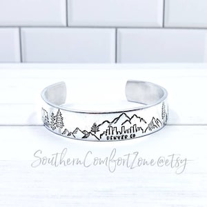 Denver Colorado Scenic Hand Stamped Bracelet Cuff - Jewelry - Personalized - Mountains - Rocky Mountain National Park - Aspen - Hiking