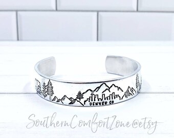 Denver Colorado Scenic Hand Stamped Bracelet Cuff - Jewelry - Personalized - Mountains - Rocky Mountain National Park - Aspen - Hiking