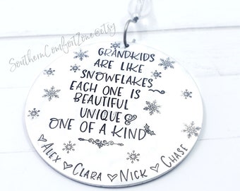 Hand Stamped Ornament - Personalized Gift for Grandparents - Grandkids are like Snowflakes - Christmas Tree Decor - Babys First Christmas