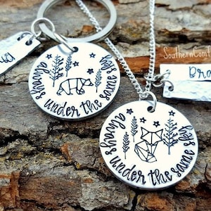 Long Distance Relationship Friendship Necklace Key Chain - Always Under the Same Sky - Deployment - Hand Stamped - Army Marines Air Force