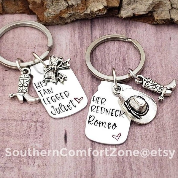 Mason Jar Keychains - His Tan Legged Juliet - Her Redneck Romeo - His and Hers - Hand Stamped - Country Couple - Camo - Browning - Stamped