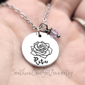 June Birth Month Necklace - Personalized Name Jewelry - June Baby - Hand Stamped - Rose Flower - Birthday Gift - Custom Garden Name Necklace