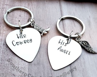 Cowboy and Angel His and Hers Keychain - Couple - Boyfriend Girlfriend - Country - Valentines - Anniversary - Hand Stamped PErsonalized