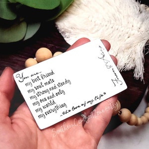 Regalo del día de San Valentín para él - Inserto de tarjeta de billetera - Estampado a mano - Personalizado - Esposo Novio Boda - Alma gemela - Aniversario - Metal