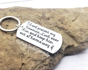 Lineman Keychain - Prayer - Linewife - Hand Stamped - Personalized Gift - Lord Keep Him Safe - I love my lineman - Gift for Him - New Job